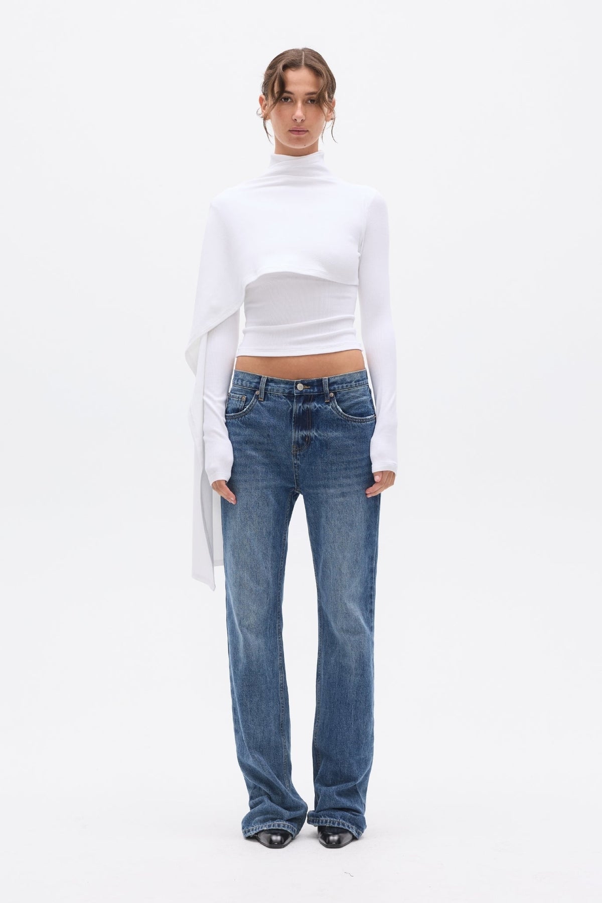 Estelle Draped Overlay High Neck Top in White, view 1, Bayse Brand
