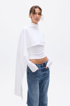 Estelle Draped Overlay High Neck Top in White, view 2, Bayse Brand