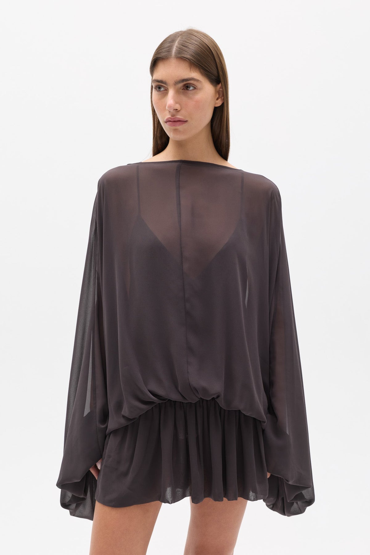 Evariel Sheer Boat Neck Mini Dress in Truffle, view 2, Bayse Brand