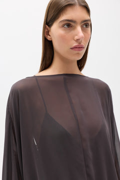 Evariel Sheer Boat Neck Mini Dress in Truffle, view 3, Bayse Brand