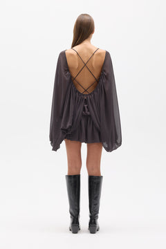 Evariel Sheer Boat Neck Mini Dress in Truffle, view 5, Bayse Brand