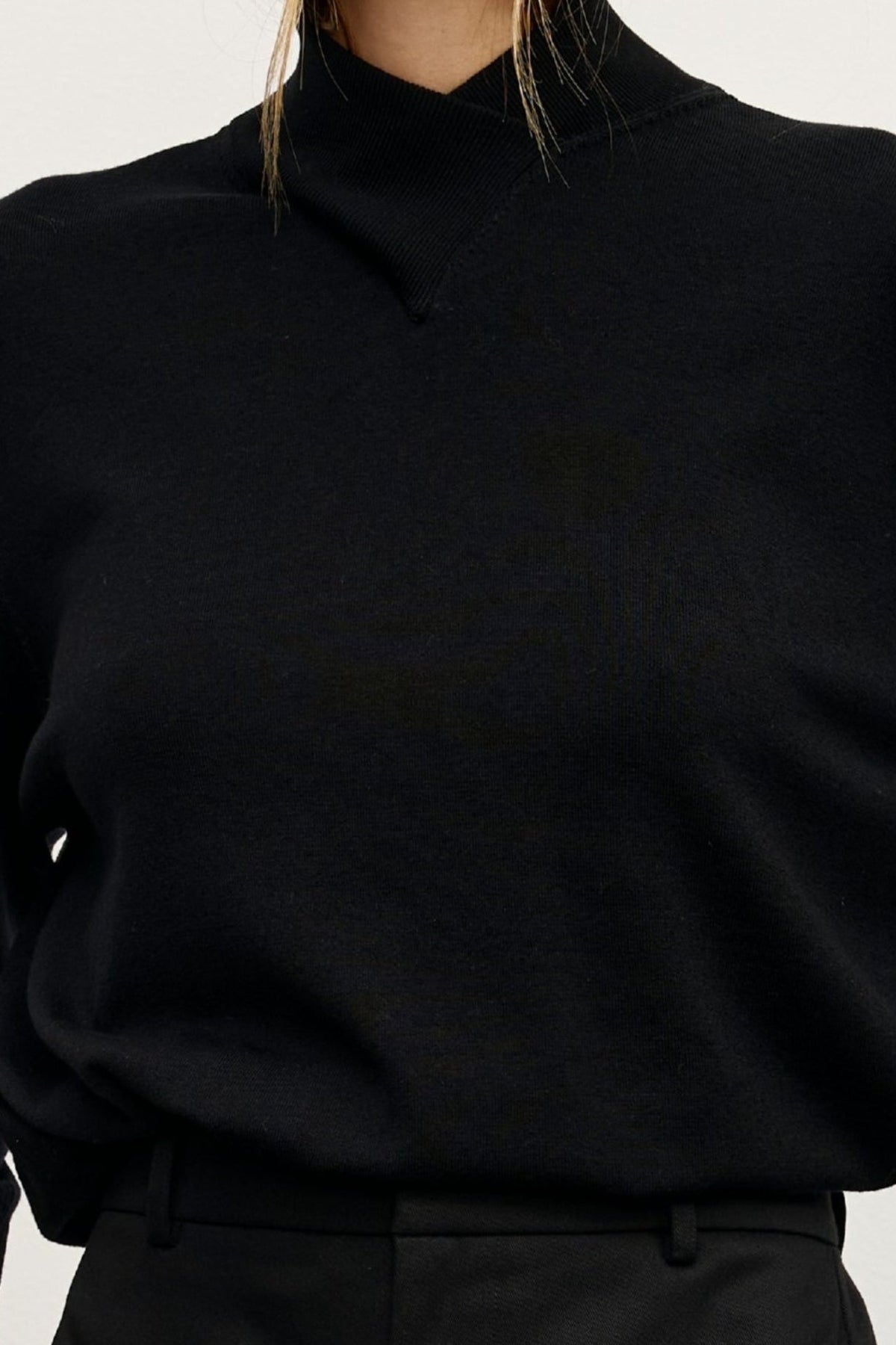 Yvette Crossover Knit Jumper in Black, view 3, Bayse Brand