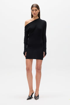 Giselle Off Shoulder Ribbed Mini Dress in Black, view 1, Bayse Brand