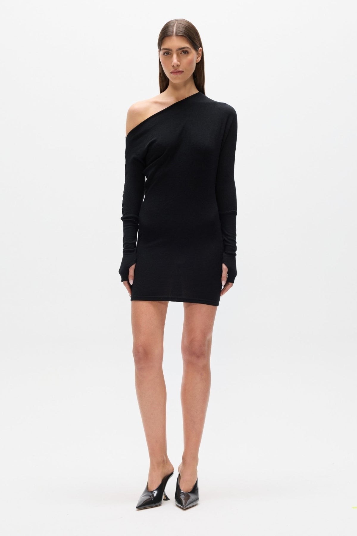Giselle Off Shoulder Ribbed Mini Dress in Black, view 1, Bayse Brand
