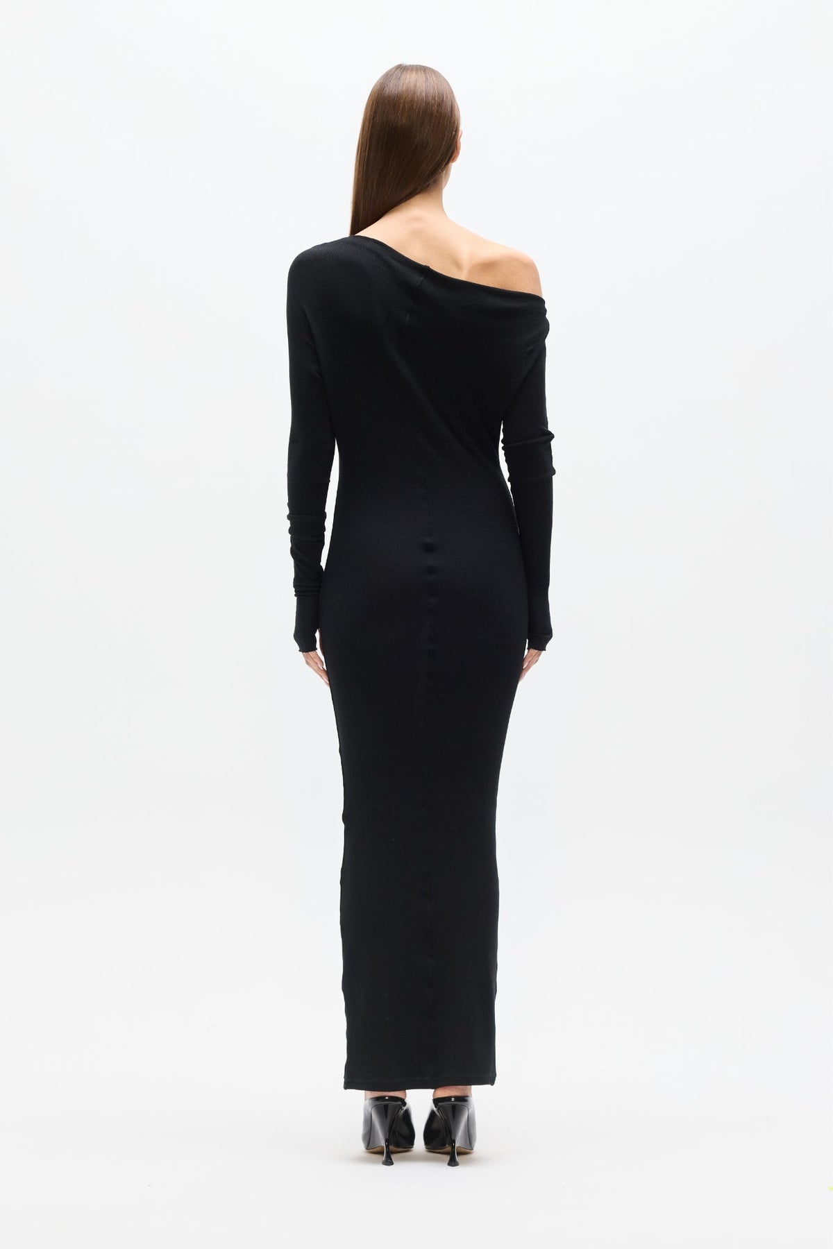 Giselle Off Shoulder Ribbed Maxi Dress in Black, view 5, Bayse Brand
