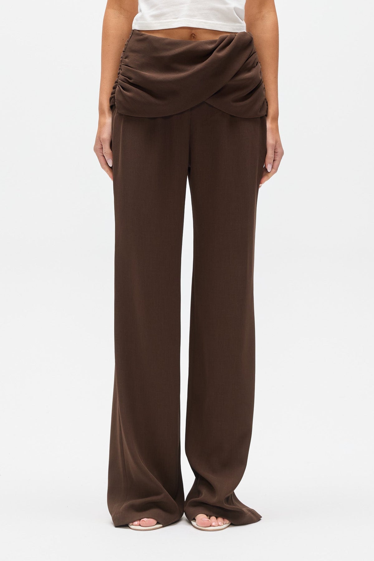 Emynah Draped Waist Straight Leg Pant in Brown, view 2, Bayse Brand