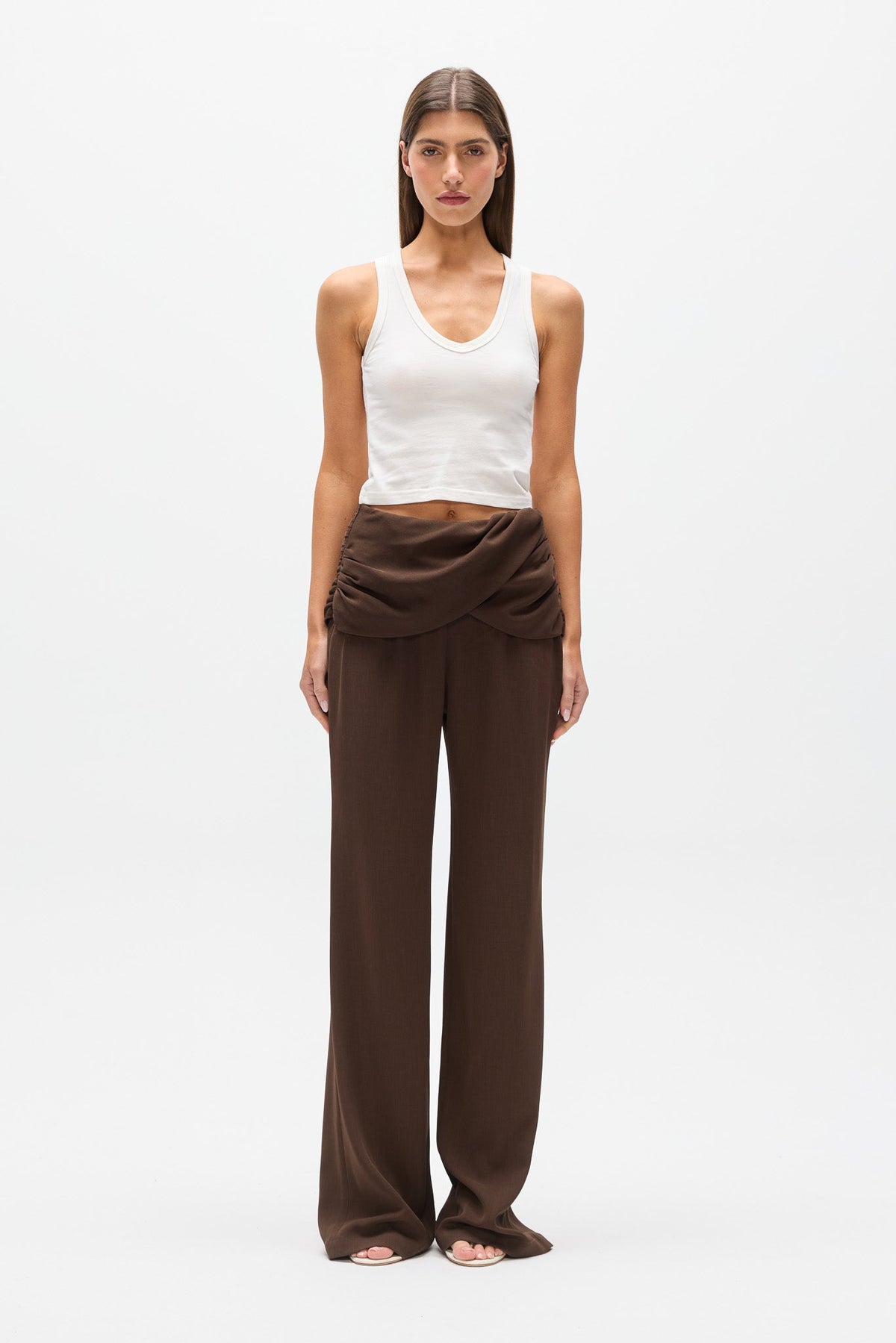 Emynah Draped Waist Straight Leg Pant in Brown, view 1, Bayse Brand