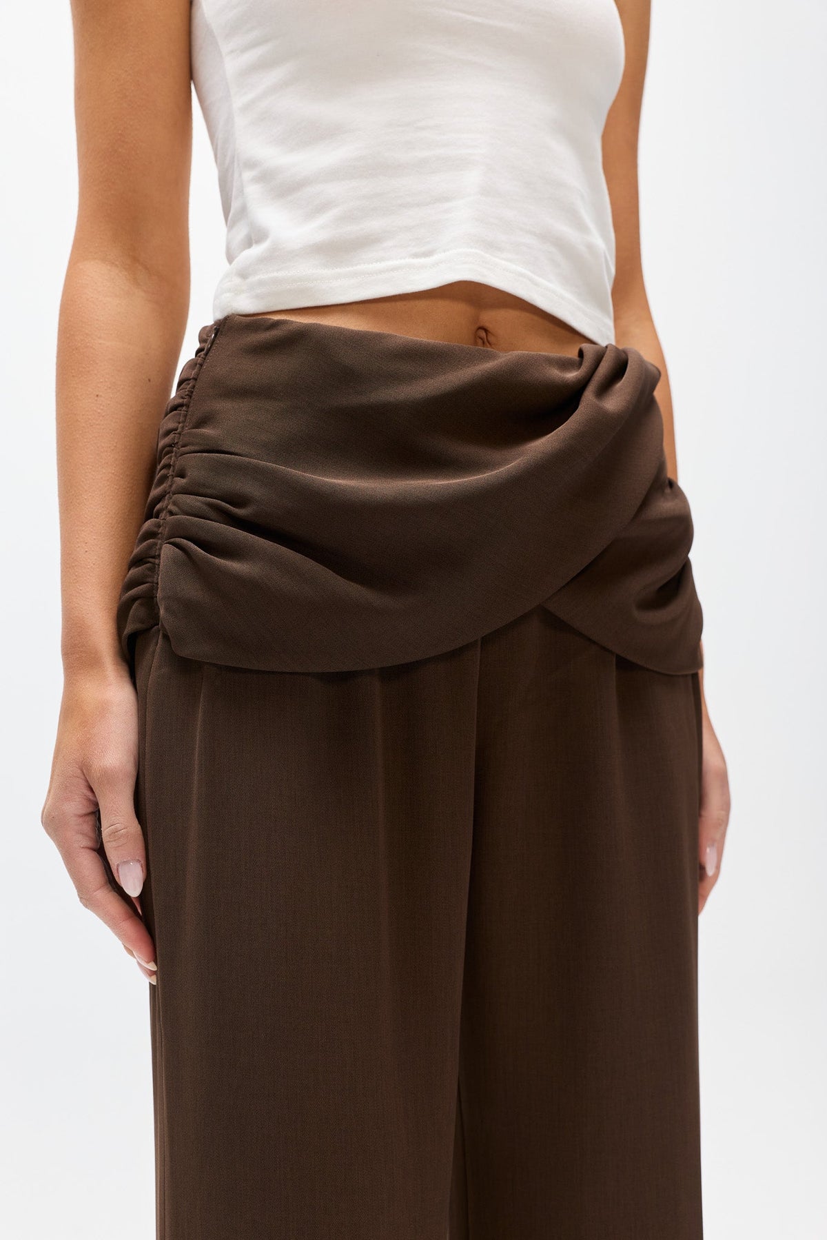 Emynah Draped Waist Straight Leg Pant in Brown, view 3, Bayse Brand