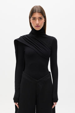 Estelle Draped Overlay High Neck Top in Black, view 2, Bayse Brand