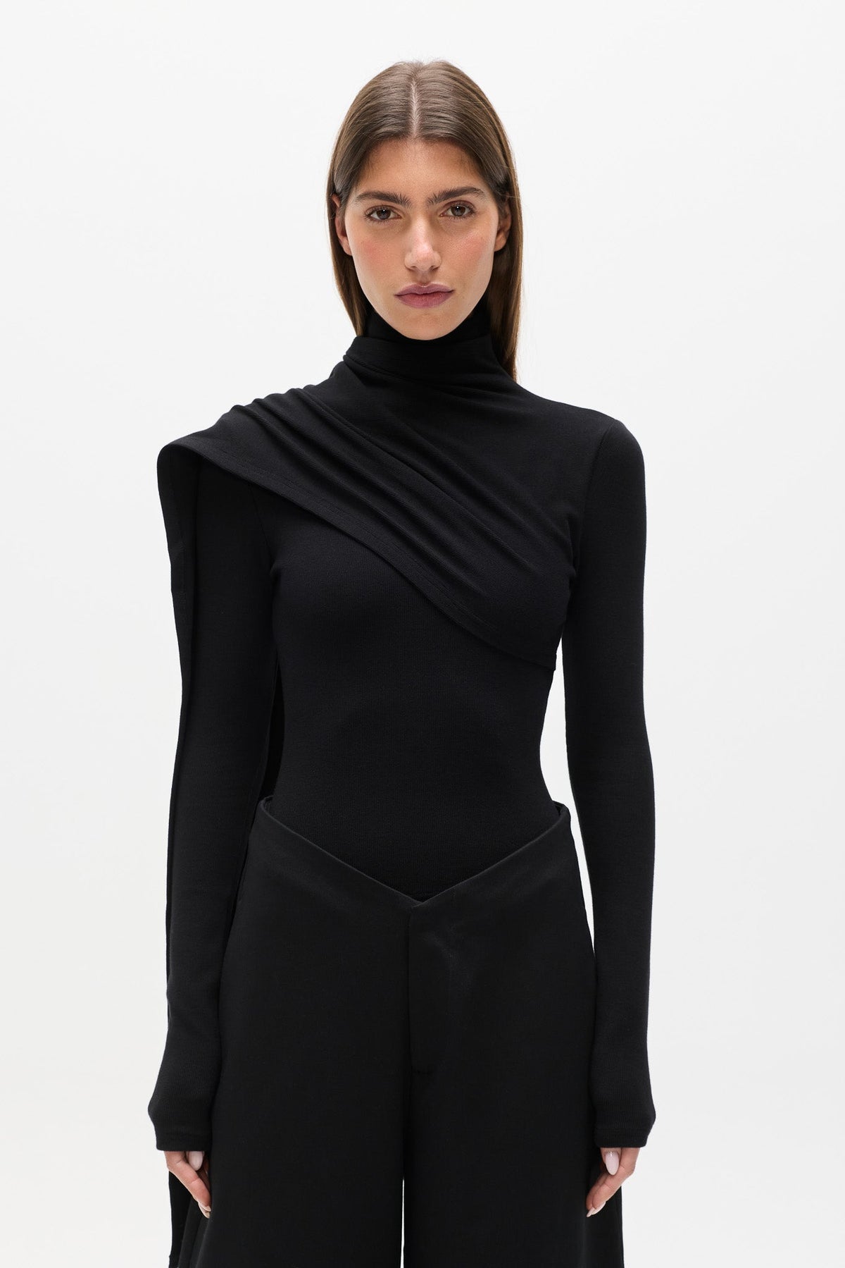 Estelle Draped Overlay High Neck Top in Black, view 2, Bayse Brand