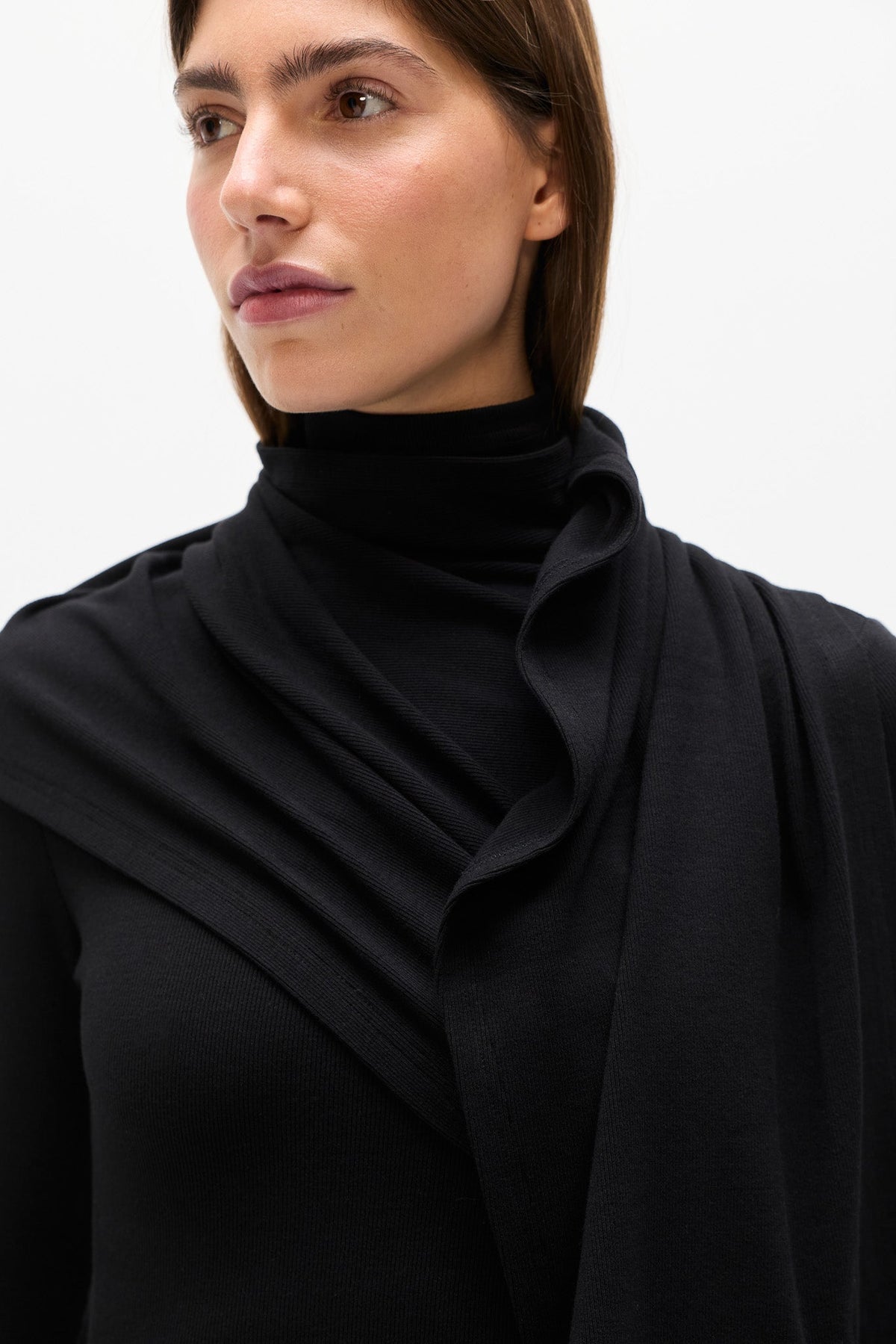 Estelle Draped Overlay High Neck Top in Black, view 3, Bayse Brand