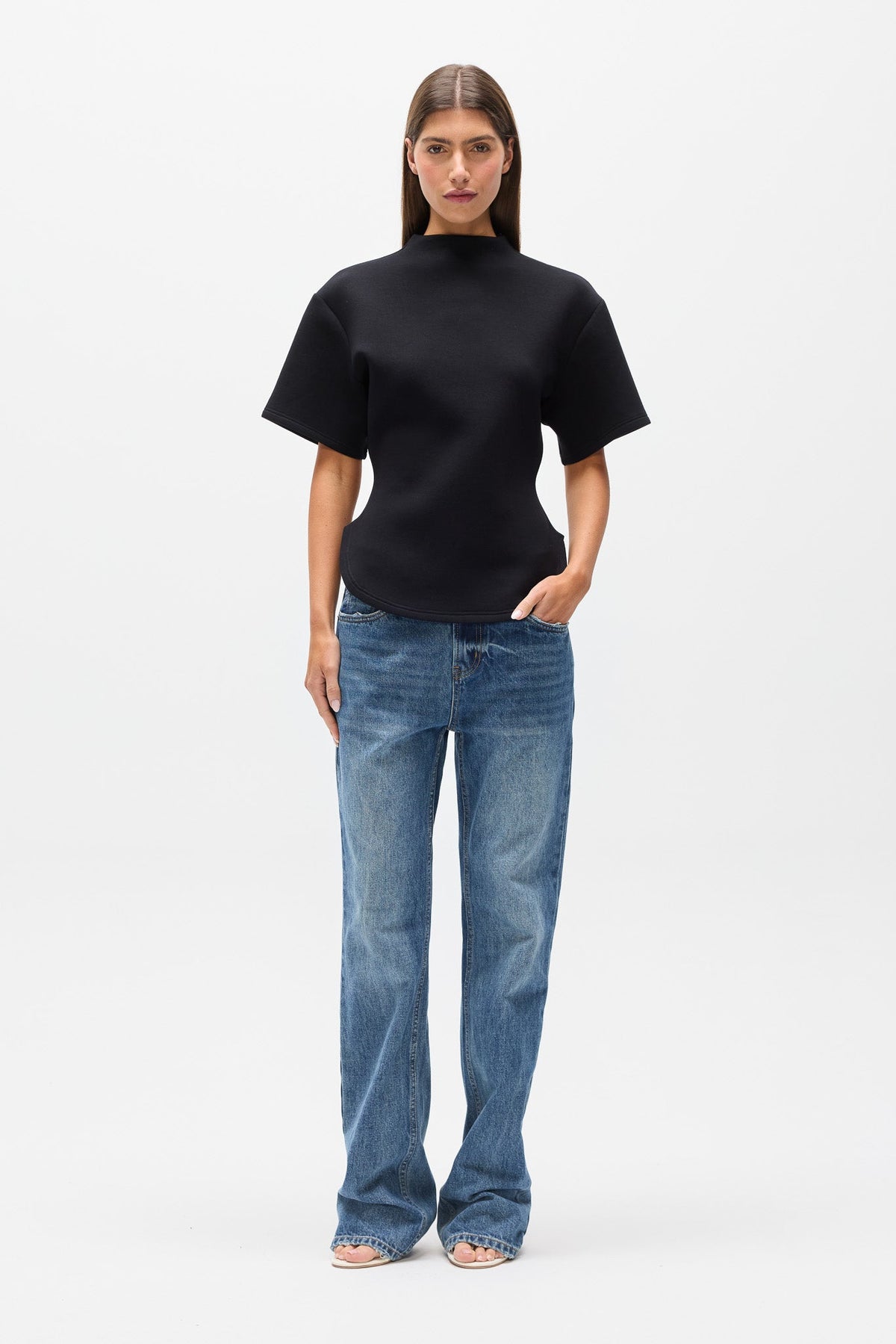 Esther Structured Mock Neck T-Shirt in Black, view 1, Bayse Brand