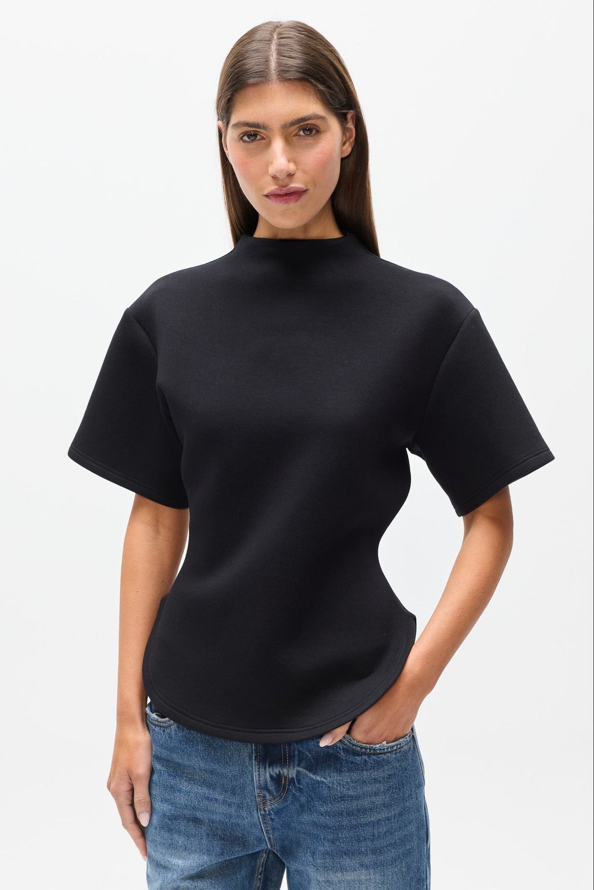 Esther Structured Mock Neck T-Shirt in Black, view 3, Bayse Brand