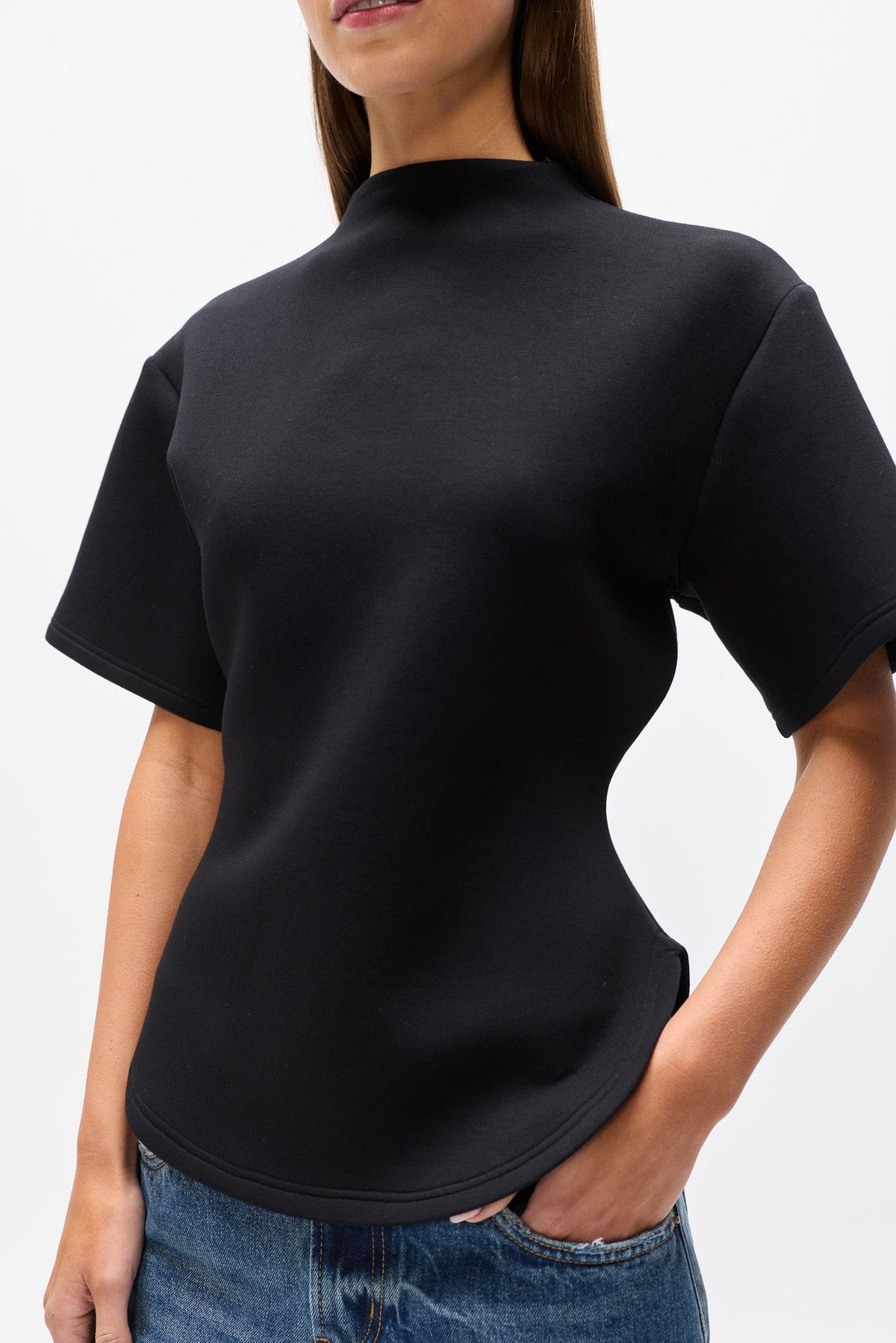 Esther Structured Mock Neck T-Shirt in Black, view 2, Bayse Brand