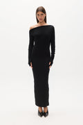 Giselle Off Shoulder Ribbed Maxi Dress in Black, view 1, Bayse Brand