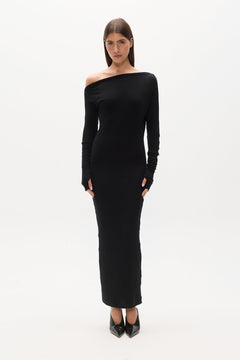 Giselle Off Shoulder Ribbed Maxi Dress in Black, view 1, Bayse Brand