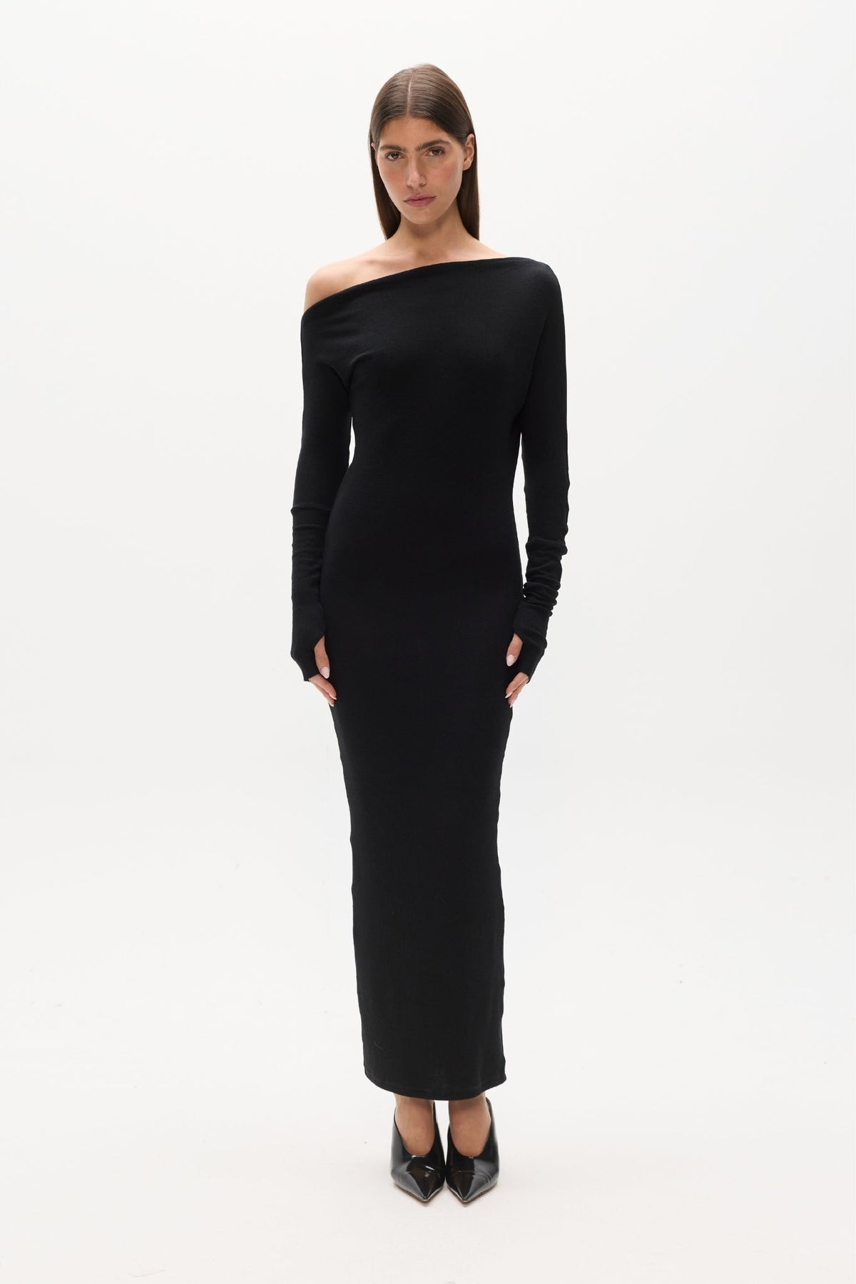 Giselle Off Shoulder Ribbed Maxi Dress in Black, view 1, Bayse Brand