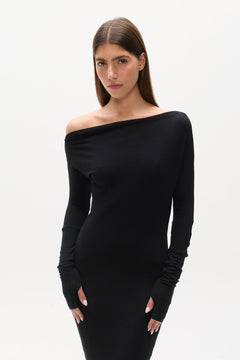 Giselle Off Shoulder Ribbed Maxi Dress in Black, view 3, Bayse Brand