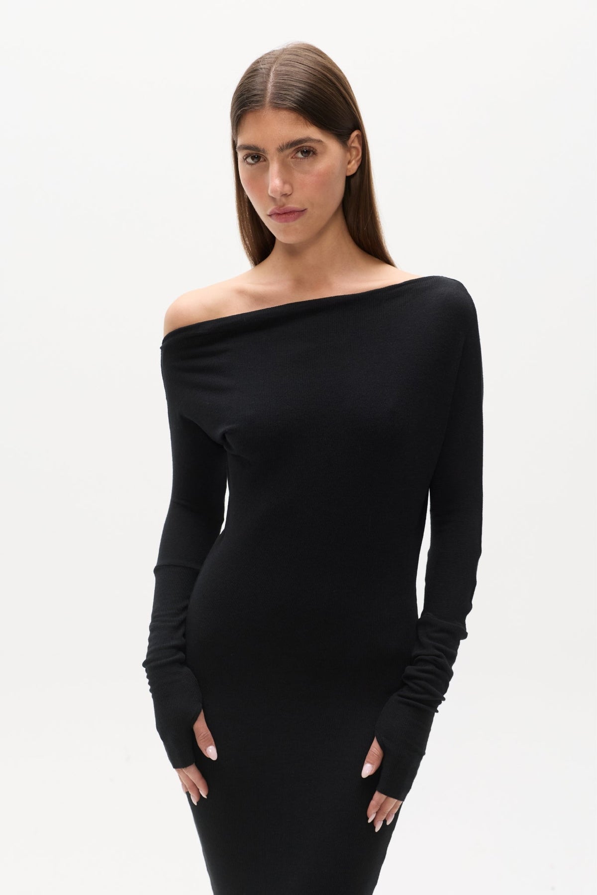 Giselle Off Shoulder Ribbed Maxi Dress in Black, view 3, Bayse Brand