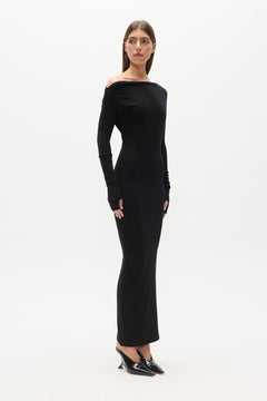 Giselle Off Shoulder Ribbed Maxi Dress in Black, view 4, Bayse Brand