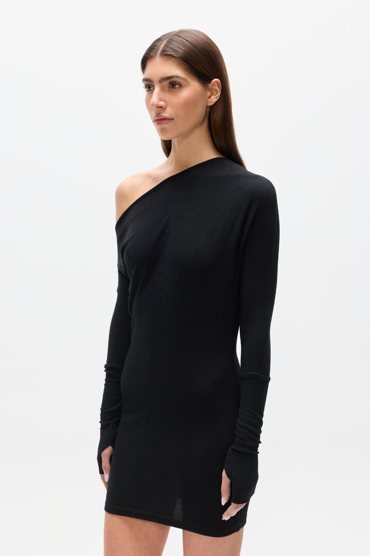 Giselle Off Shoulder Ribbed Mini Dress in Black, view 2, Bayse Brand