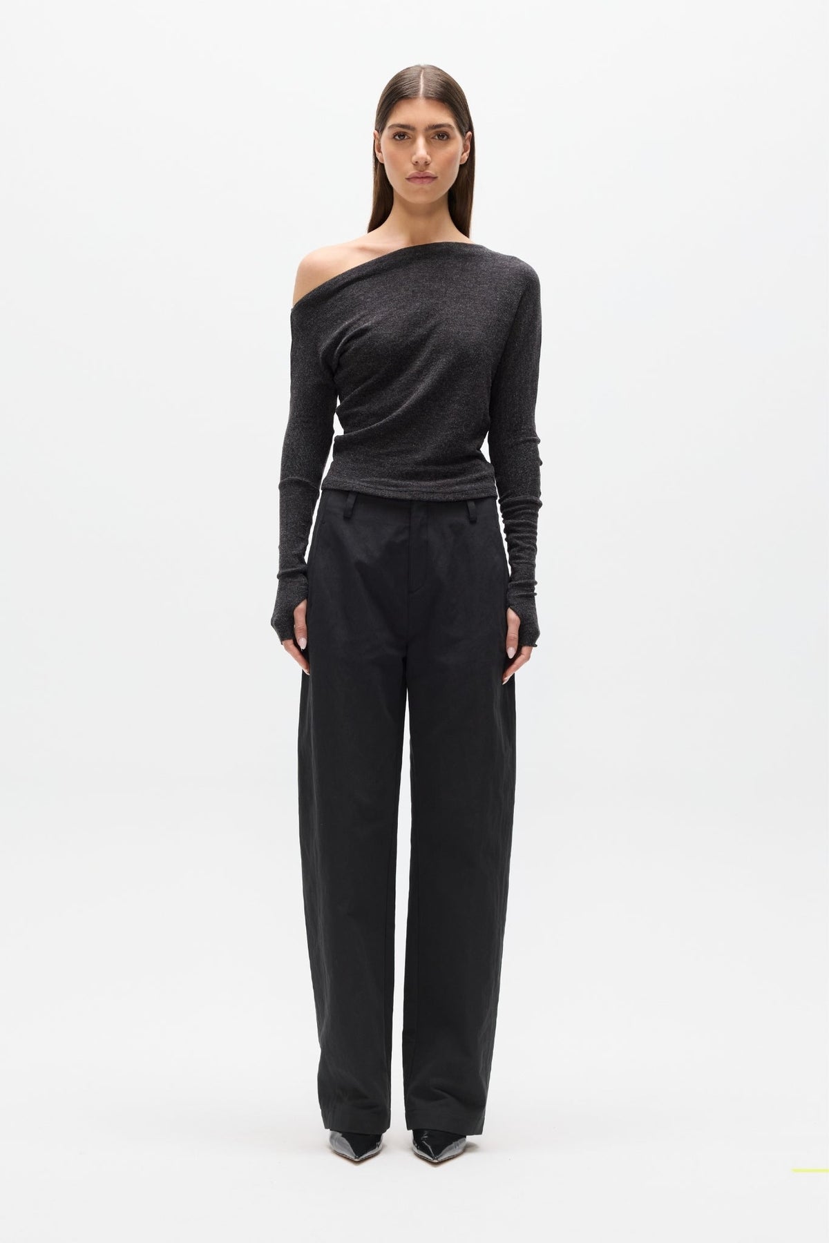 Giselle Off Shoulder Top in Heather Grey Marle, view 1, Bayse Brand