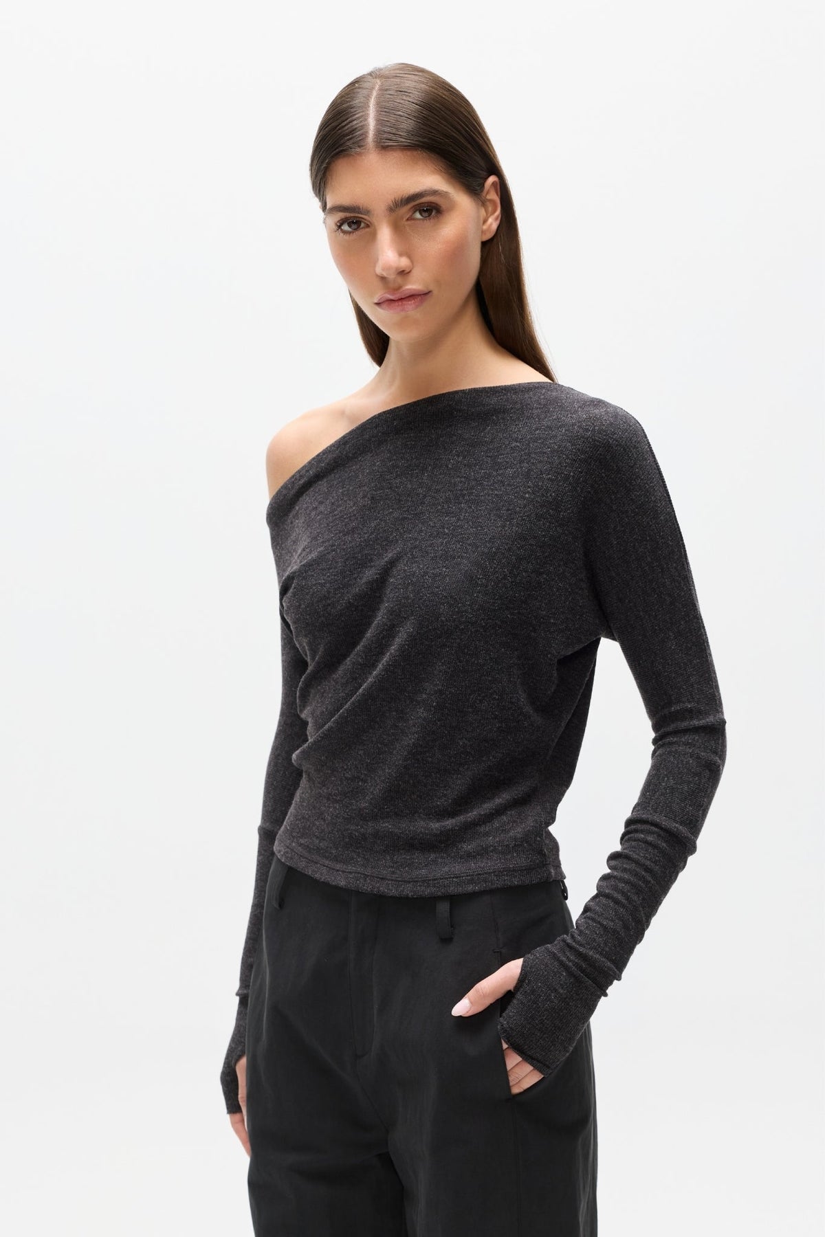 Giselle Off Shoulder Top in Heather Grey Marle, view 2, Bayse Brand