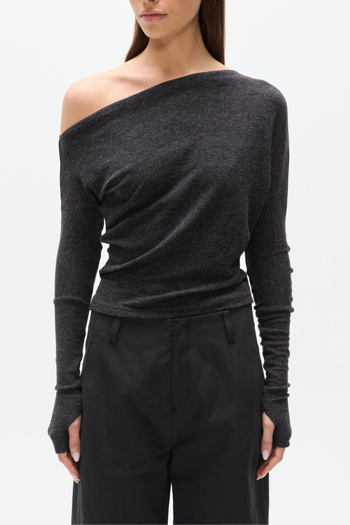 Giselle Off Shoulder Top in Heather Grey Marle, view 3, Bayse Brand