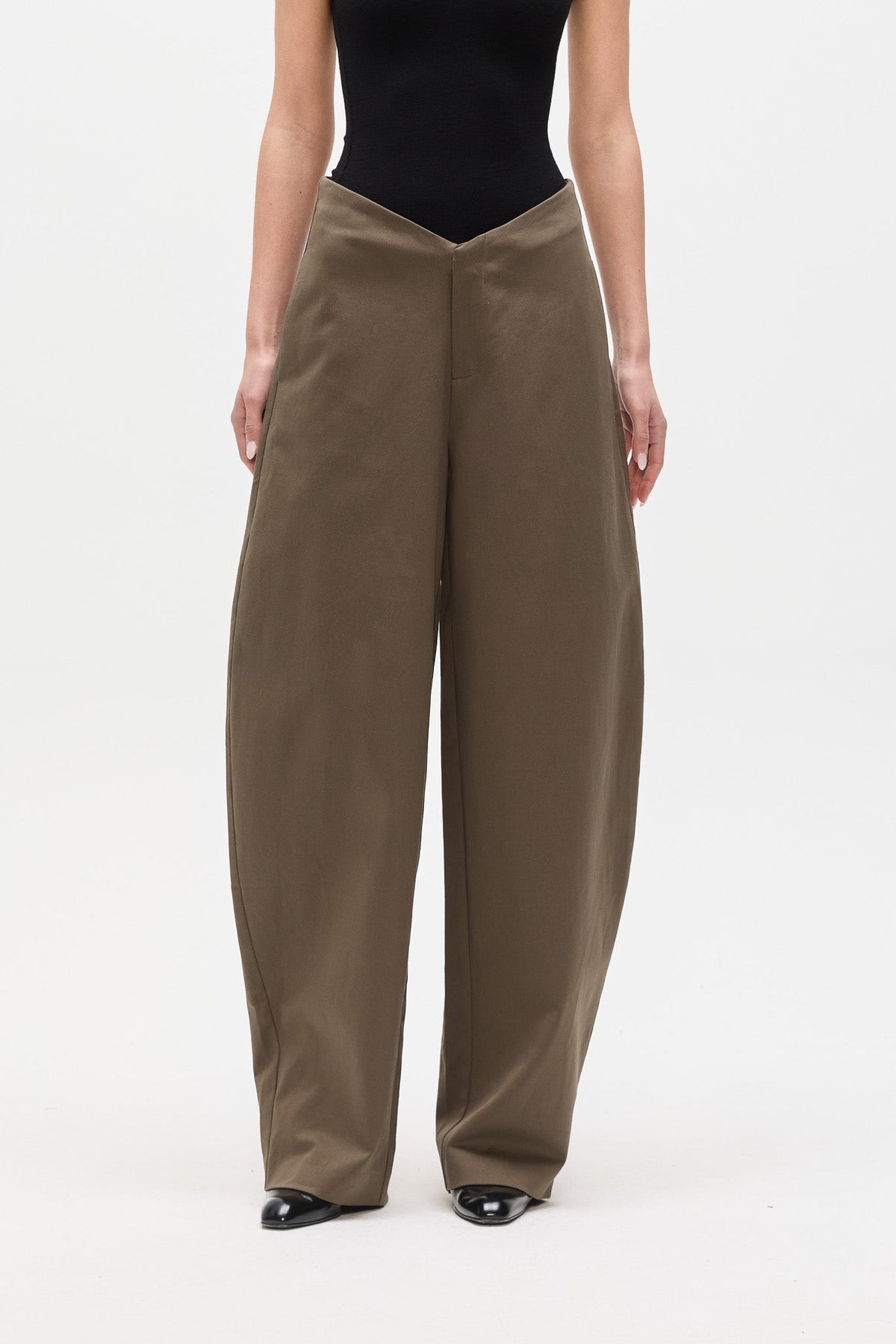 Harris Low Rise Barrel Leg Pant in Olive, view 2, Bayse Brand