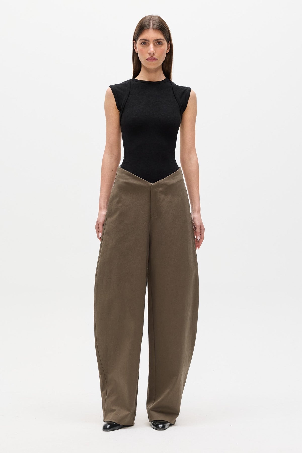 Harris Low Rise Barrel Leg Pant in Olive, view 1, Bayse Brand