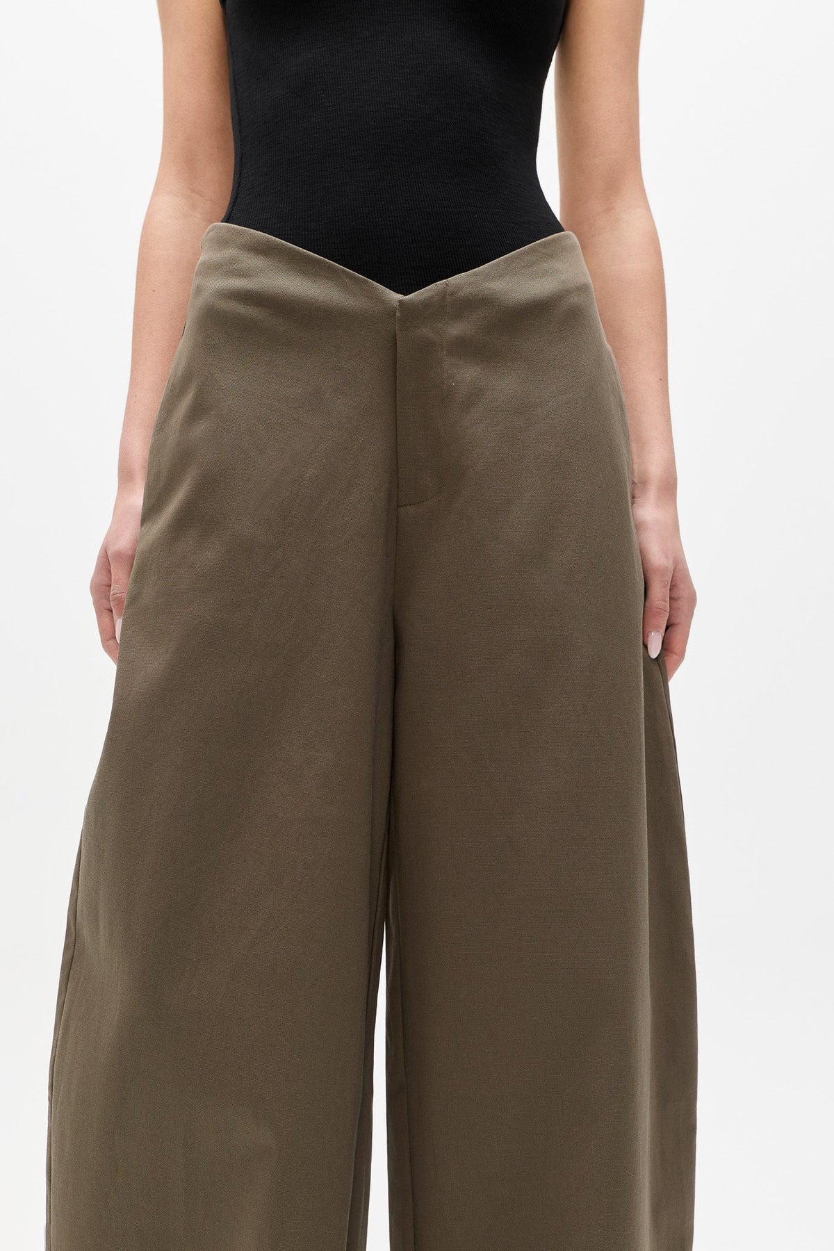 Harris Low Rise Barrel Leg Pant in Olive, view 3, Bayse Brand
