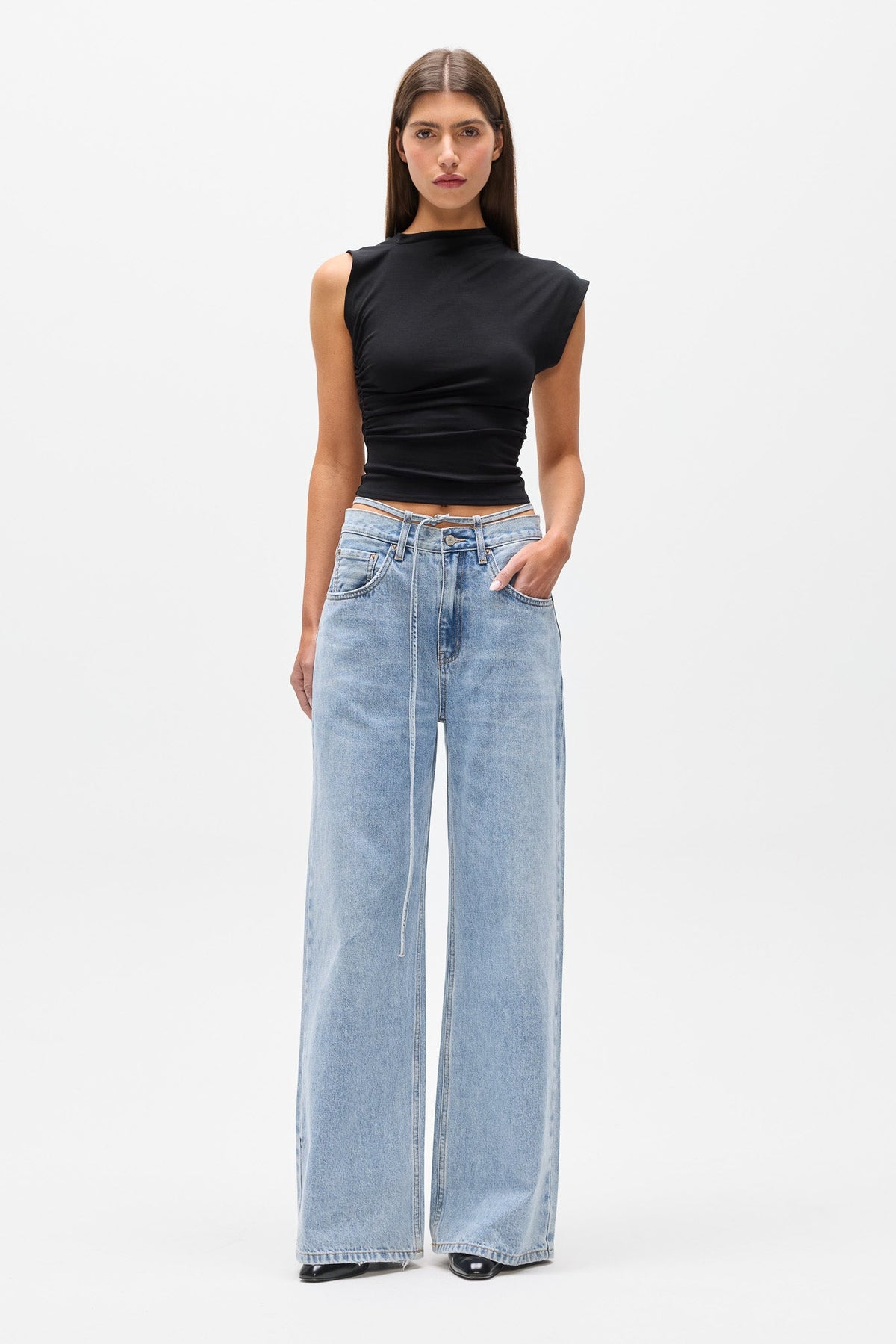 Hodson Tie Waist Wide Leg Jean in Nevada Blue, view 1, Bayse Brand