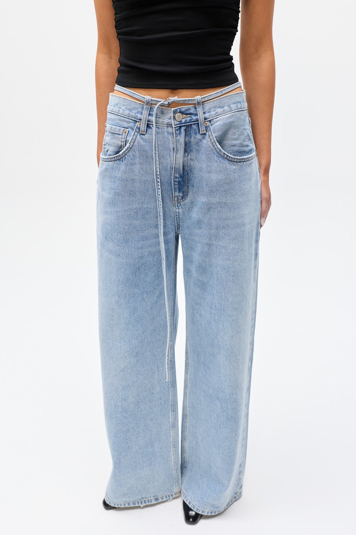 Hodson Tie Waist Wide Leg Jean in Nevada Blue, view 3, Bayse Brand