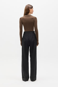 Halston Knit Polo Bodysuit in Cafe, view 4, Bayse Brand
