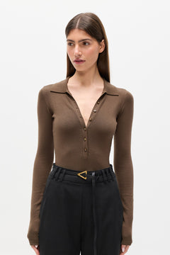 Halston Knit Polo Bodysuit in Cafe, view 2, Bayse Brand