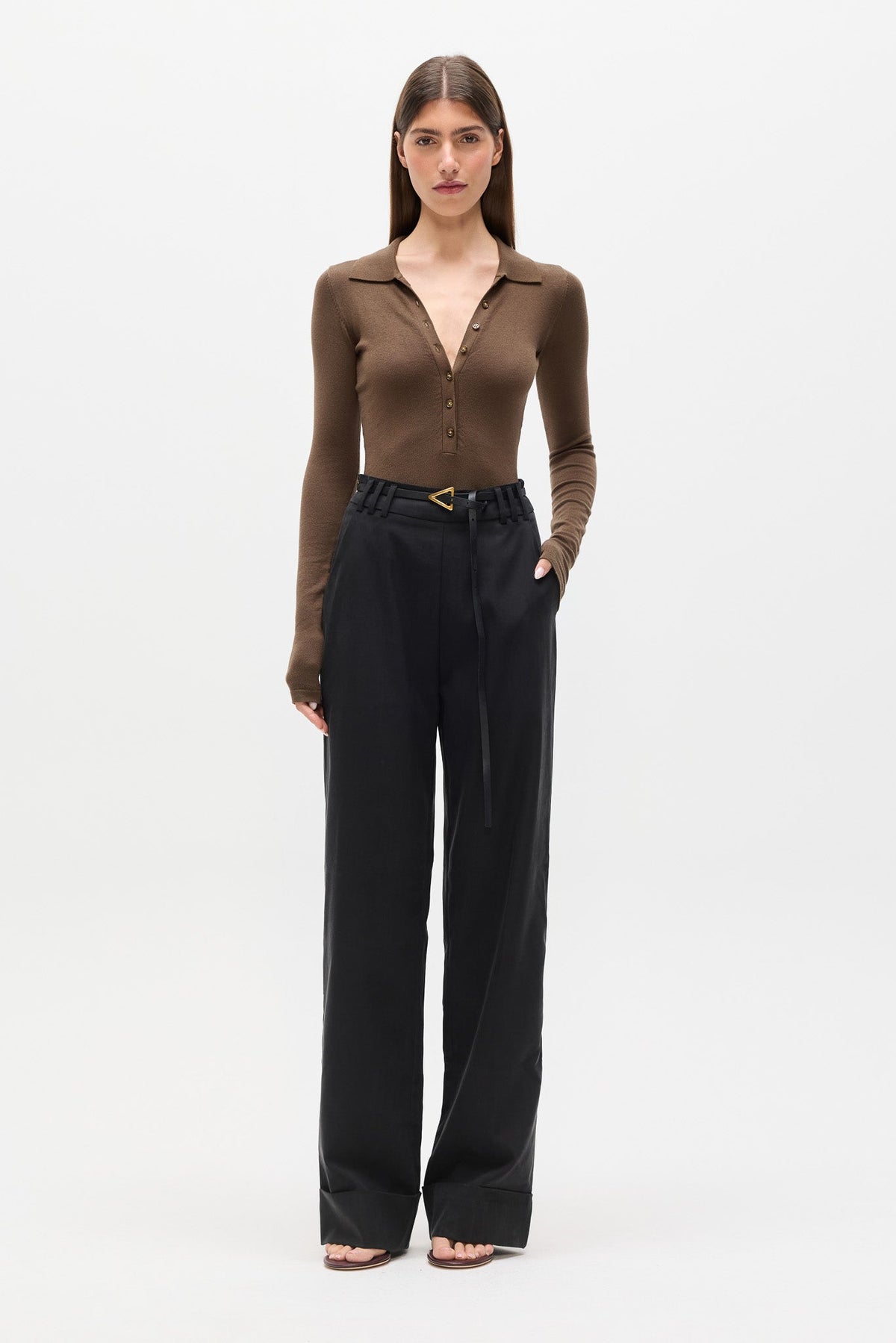 Halston Knit Polo Bodysuit in Cafe, view 1, Bayse Brand