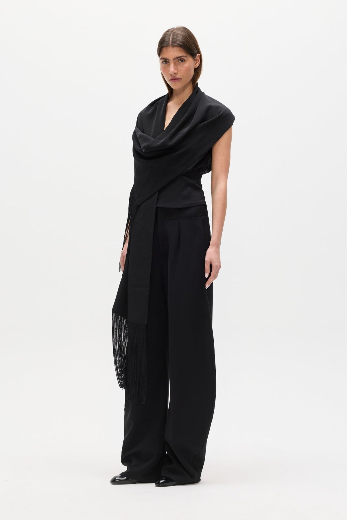 Inara Satin Fringe Scarf in Black, view 2, Bayse Brand
