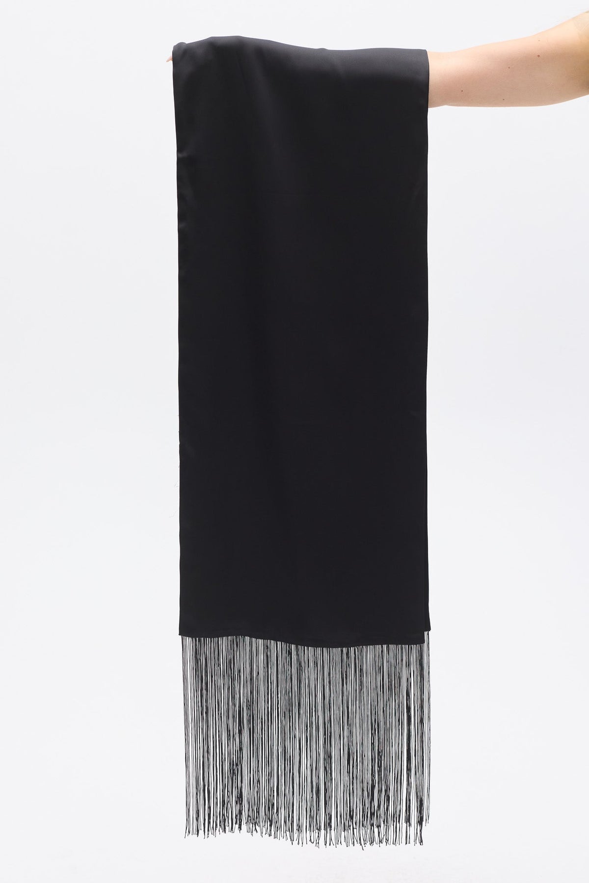 Inara Satin Fringe Scarf in Black, view 1, Bayse Brand