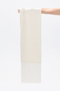 Inara Satin Fringe Scarf in White, view 1, Bayse Brand