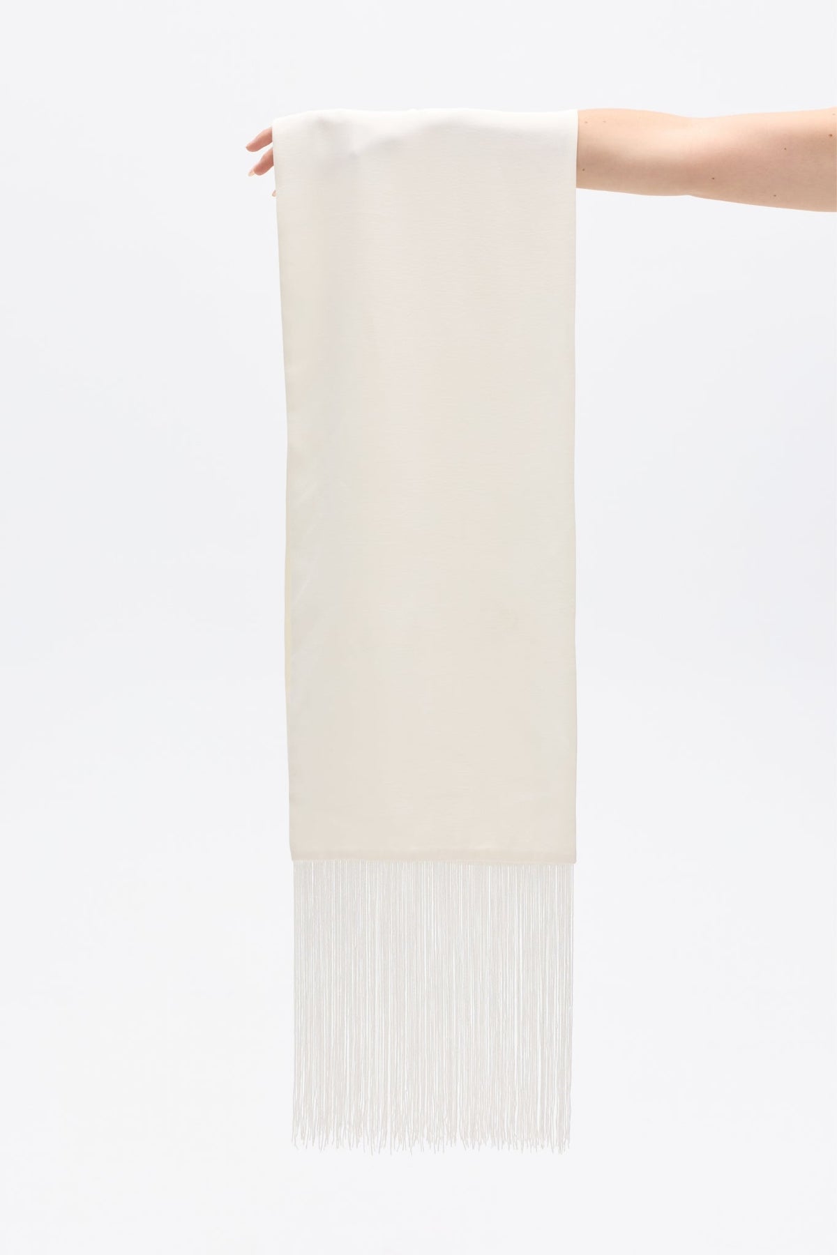 Inara Satin Fringe Scarf in White, view 1, Bayse Brand