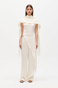 Inara Satin Fringe Scarf in White, view 2, Bayse Brand
