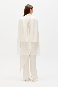 Inara Satin Fringe Scarf in White, view 3, Bayse Brand