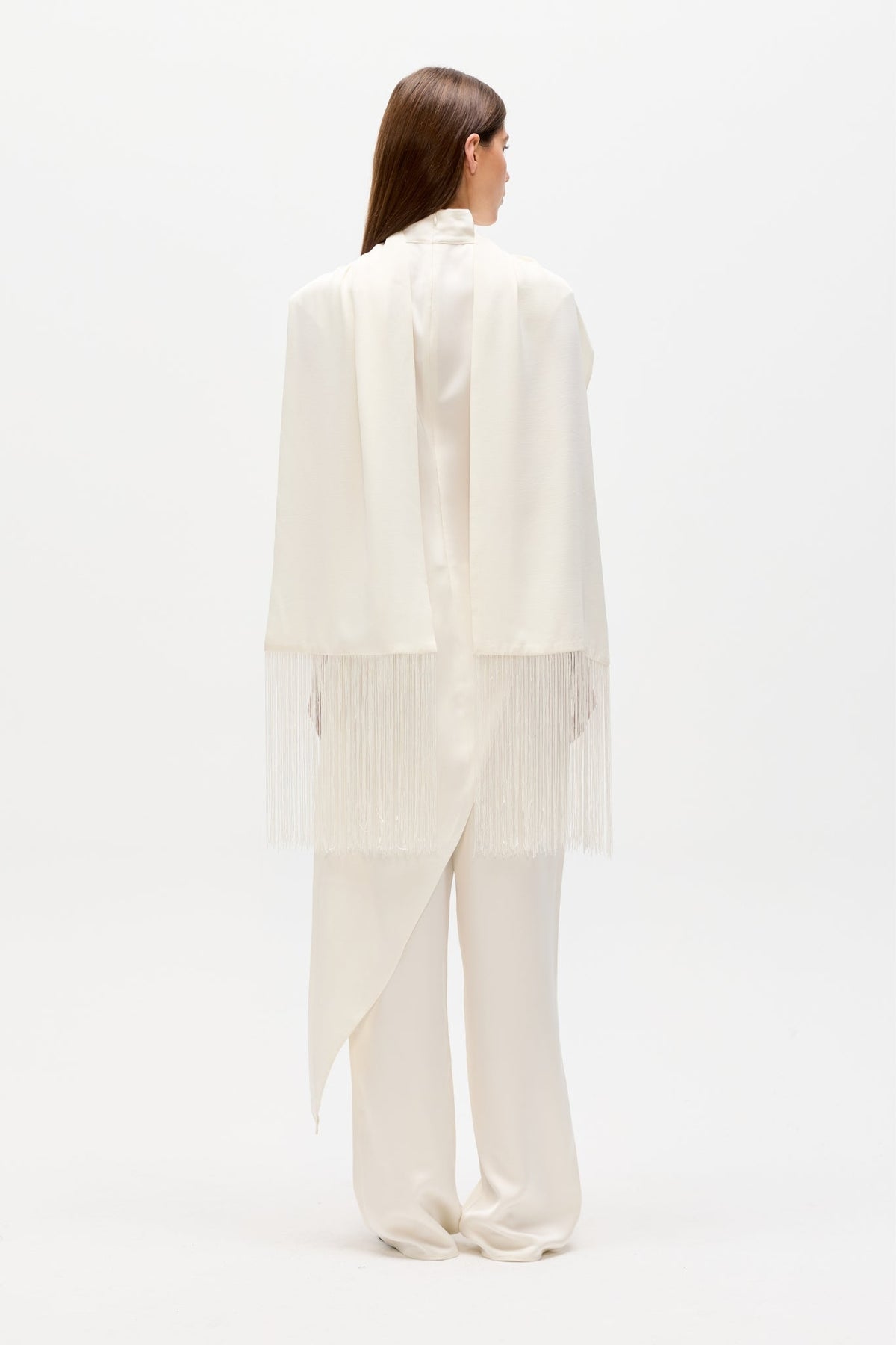 Inara Satin Fringe Scarf in White, view 3, Bayse Brand