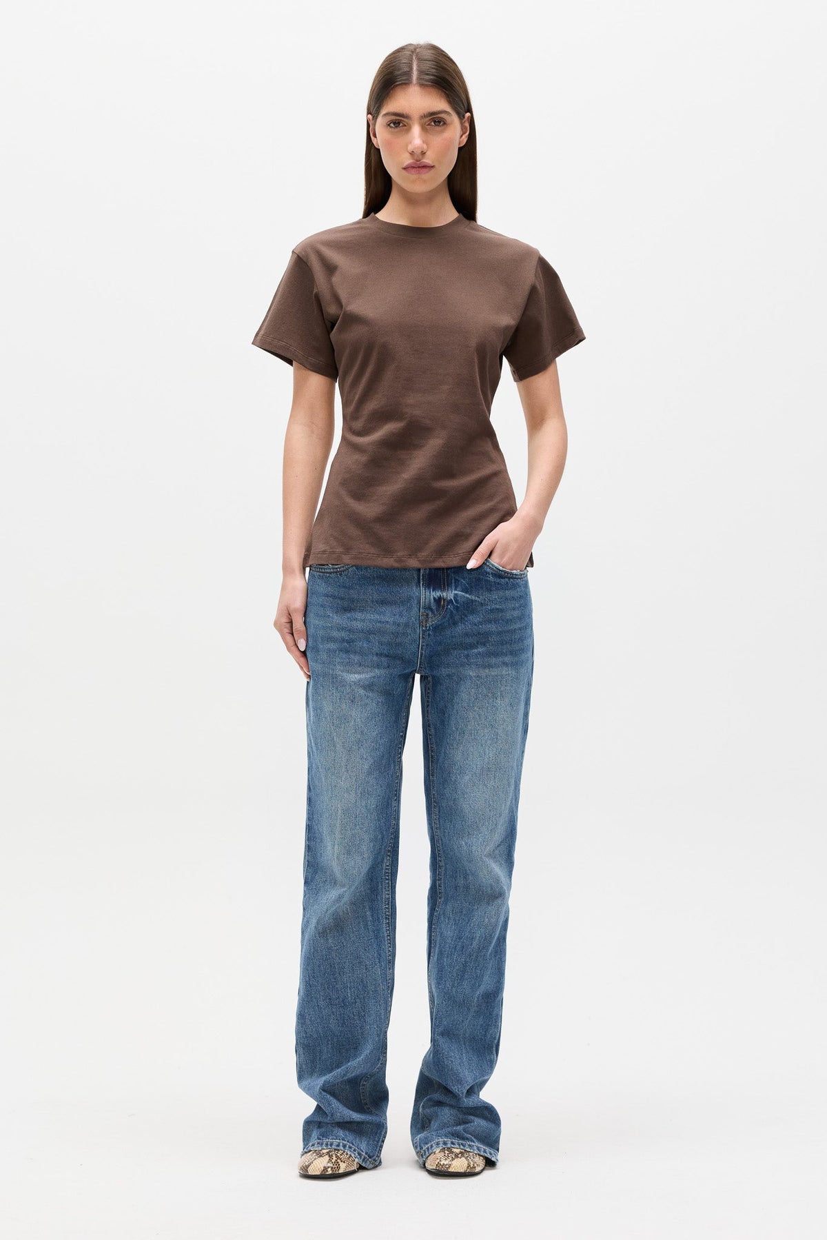 Java Cotton Crew Neck Tee in Mocha, view 1, Bayse Brand