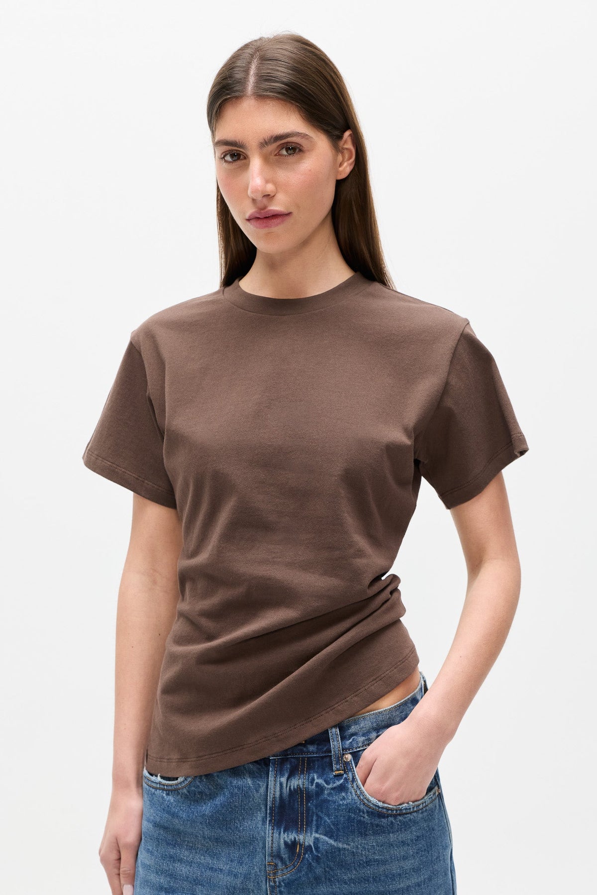 Java Cotton Crew Neck Tee in Mocha, view 3, Bayse Brand