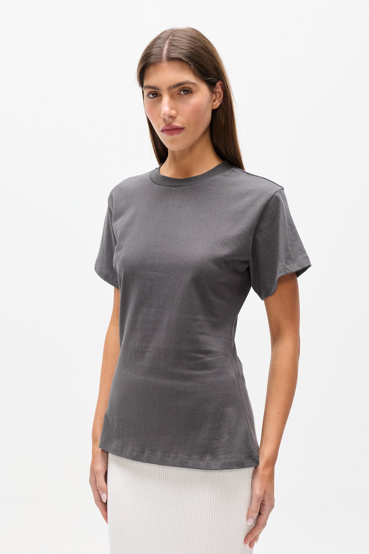 Java Cotton Crew Neck Tee in Dark Grey, view 2, Bayse Brand