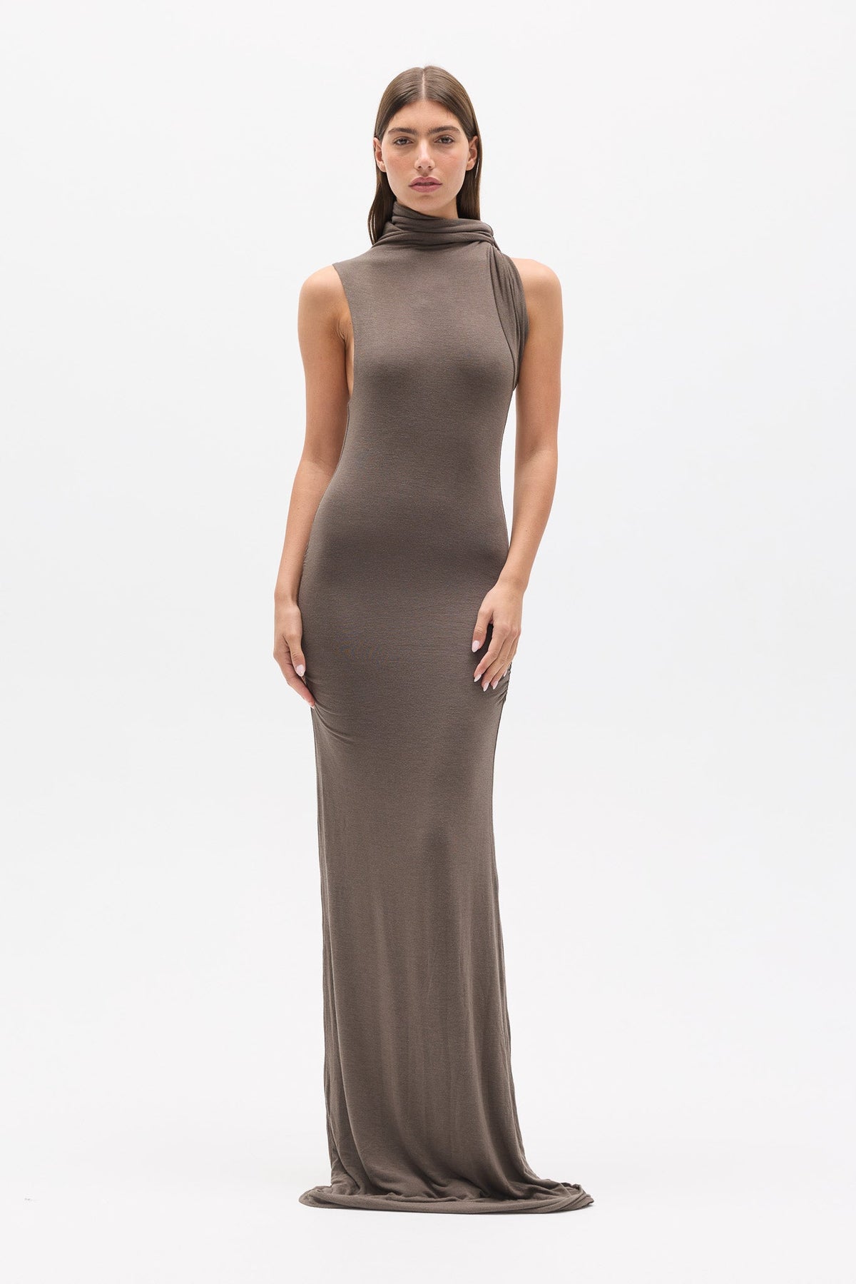 Kadia Twist Neck Maxi Dress in Smoke, view 1, Bayse Brand