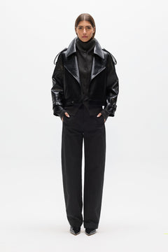 Knox Cropped Faux Leather Bomber in Black, view 1, Bayse Brand