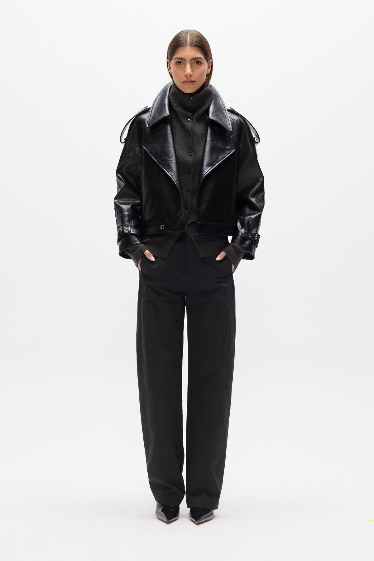 Knox Cropped Faux Leather Bomber in Black, view 1, Bayse Brand