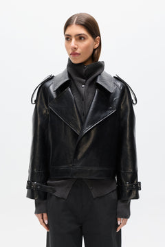 Knox Cropped Faux Leather Bomber in Black, view 2, Bayse Brand